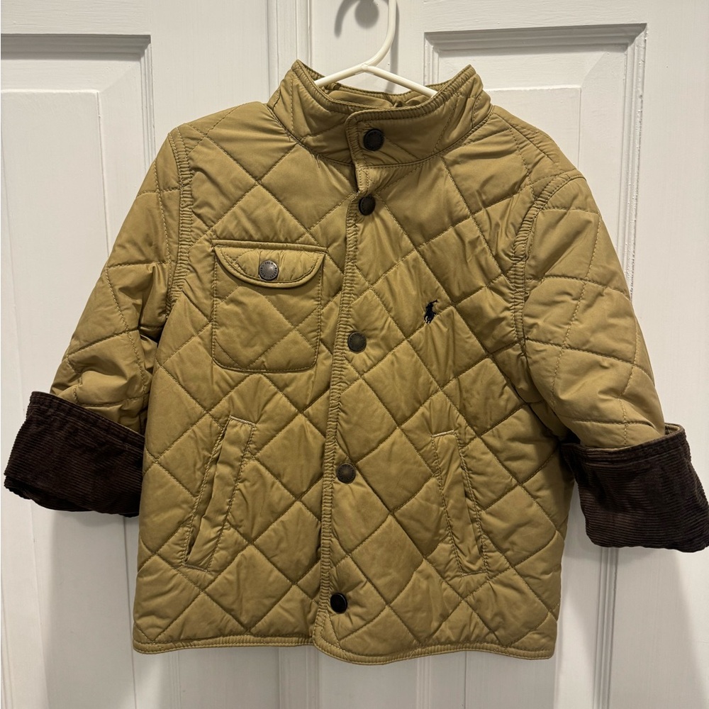Kids Polo Ralph Lauren Tan Quilted Jacket with Corduroy Sleeve Accents